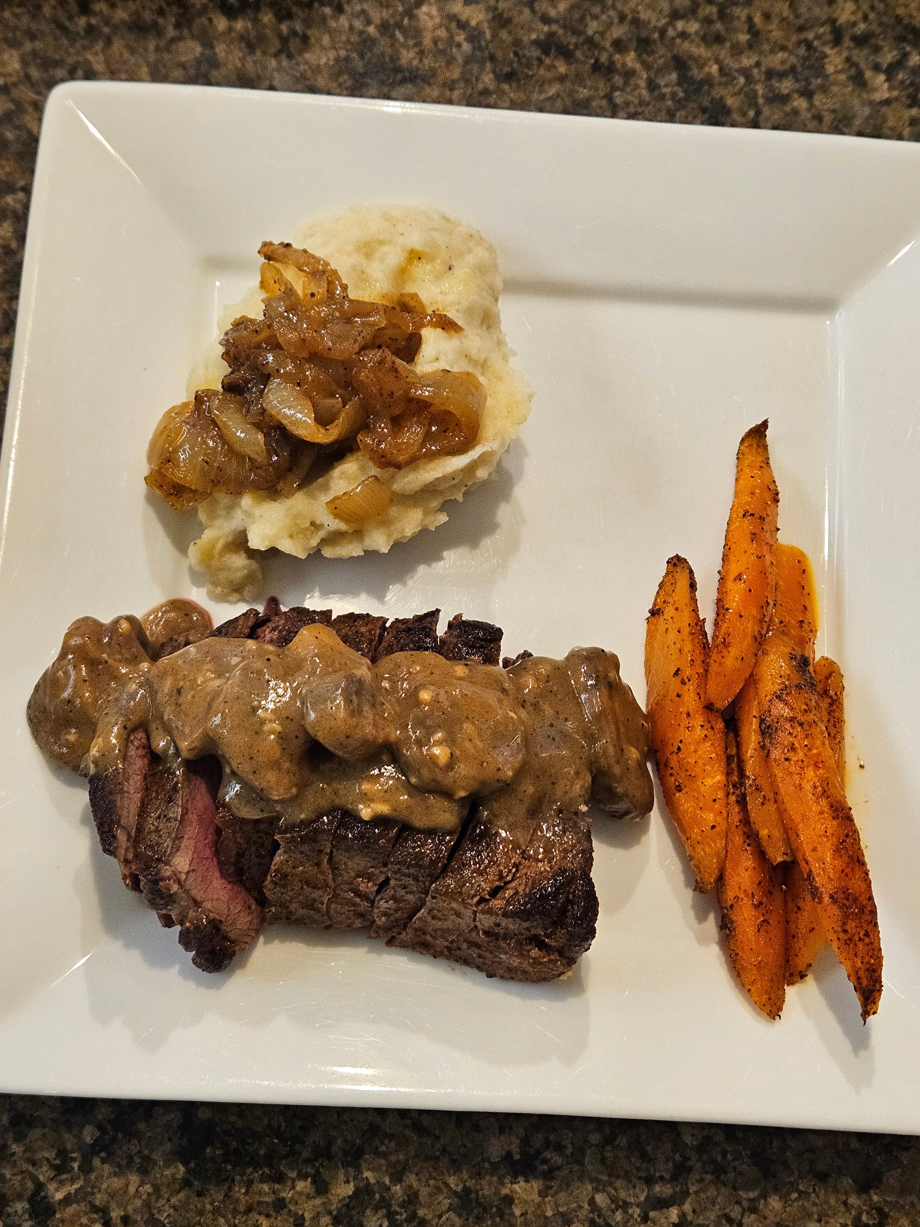 Sirloin Steak with Creamy Garlic Mushroom Gravy, Creamy Mashed Potatoes with Caramelized Onions & Roasted Carrots